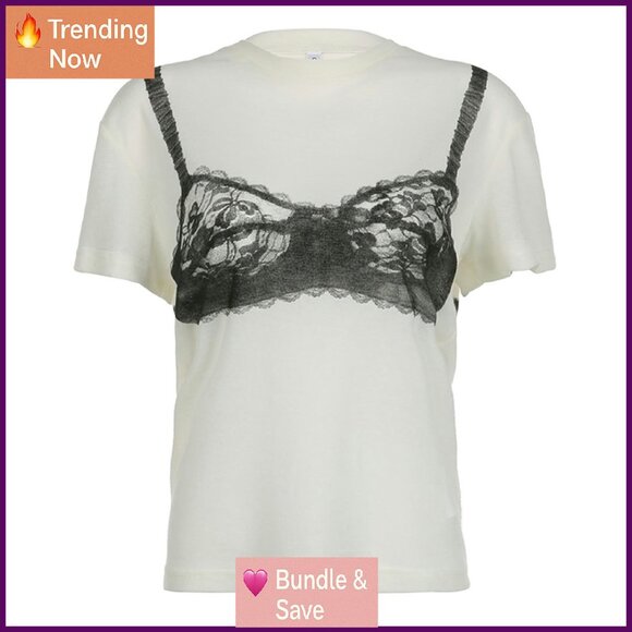 Y2K Loose Crop Top Lace Corset Print Short Sleeve Tee Streetwear - Picture 1 of 7